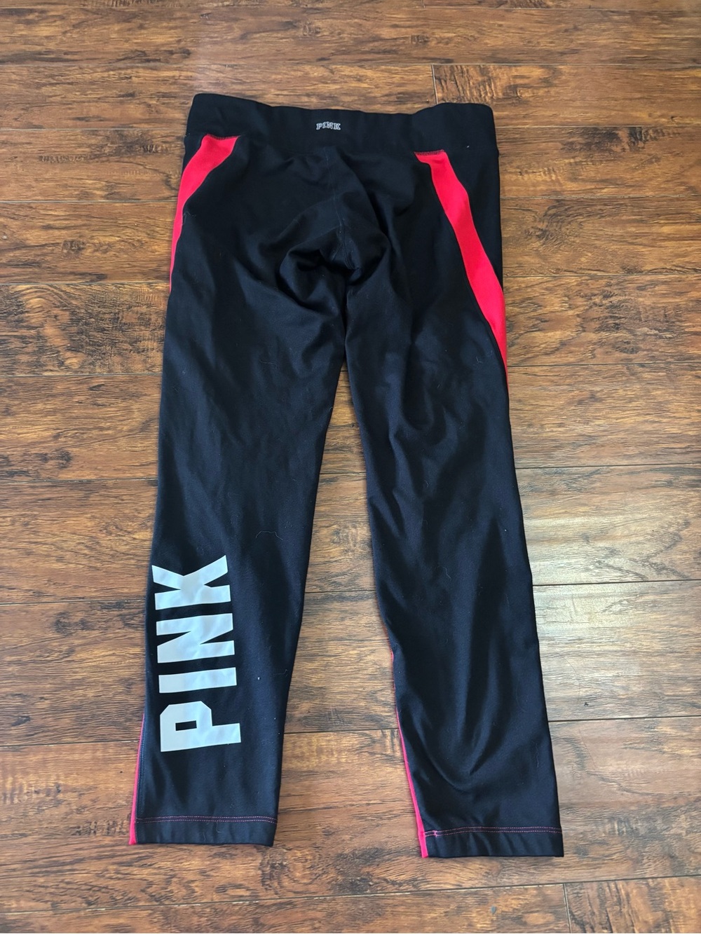 PINK Victoria's Secret Black Leggings with Red Panels and White Logo